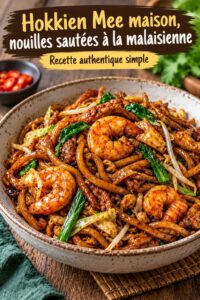 Plat de Hokkien Mee maison, nouilles sautées aux légumes et crevettes