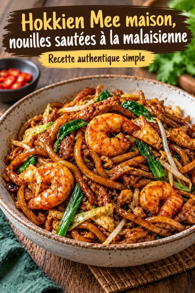 Plat de Hokkien Mee maison, nouilles sautées aux légumes et crevettes