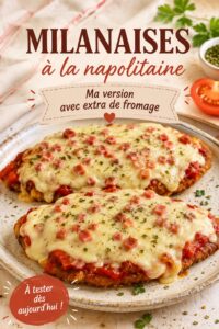 Milanesa napolitaine garnie de fromage, servie avec des accompagnements colorés.