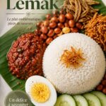 Un plat de nasi lemak, typiquement malaisien, avec des ingrédients frais et colorés.