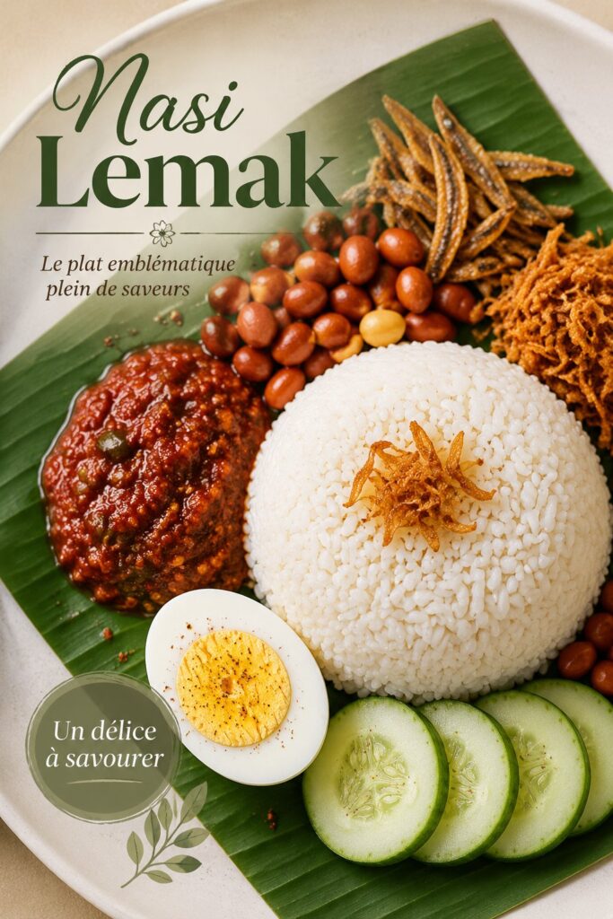 Un plat de nasi lemak, typiquement malaisien, avec des ingrédients frais et colorés.