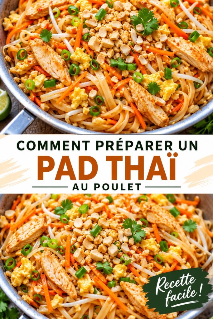 Un plat de Pad Thaï au poulet chaud avec des noix de cajou et des légumes frais, symbole de la cuisine thaïlandaise.
