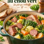 Une potée au chou vert servie dans une assiette, pleine de couleurs et appétissante.