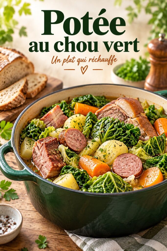 Une potée au chou vert servie dans une assiette, pleine de couleurs et appétissante.
