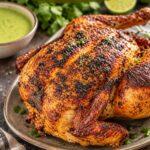 Poulet rôti péruvien doré servi avec des légumes frais