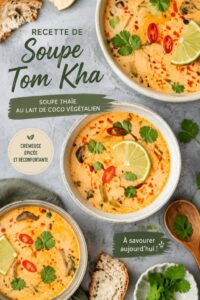 Soupe Tom Kha vegan servie dans un bol, garnie de coriandre fraîche