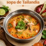 Bol de soupe Tom Yum thaïlandaise fumante, garni d'herbes et de citronnelle.