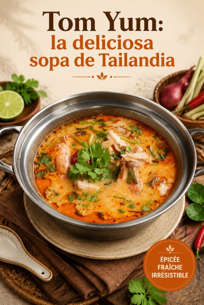 Bol de soupe Tom Yum thaïlandaise fumante, garni d'herbes et de citronnelle.