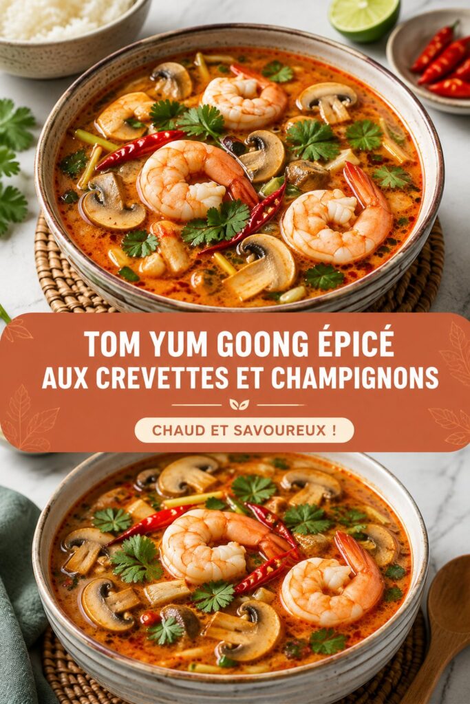 Plat de Tom Yum Goong épicé aux champignons sur une table thaïlandaise.