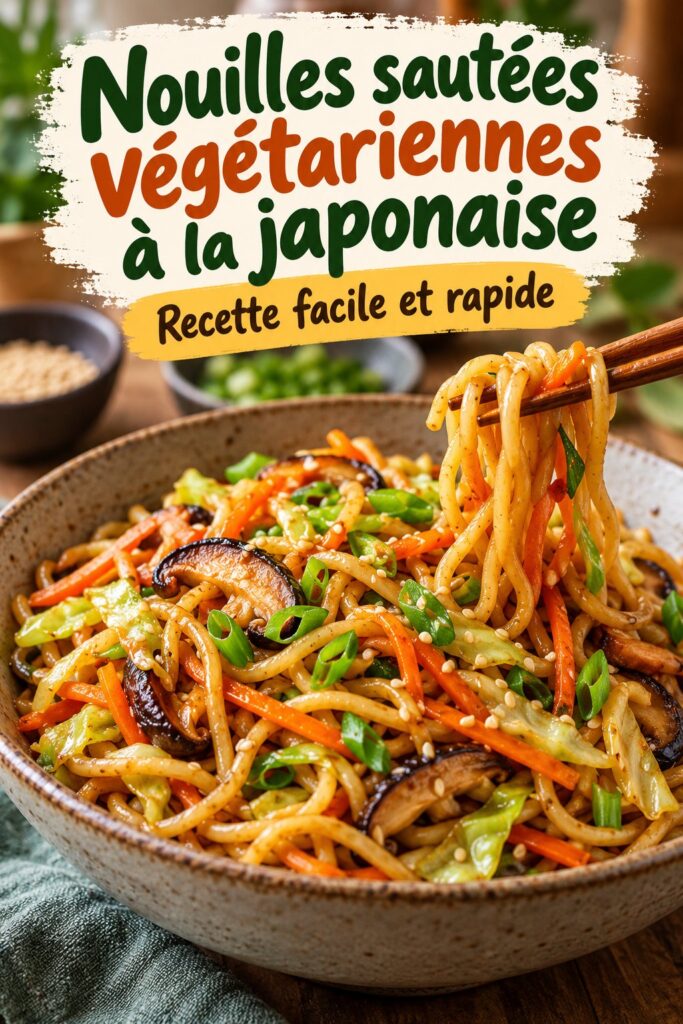 Un plat de yaki udon végétarien, coloré et savoureux, prêt à être dégusté.