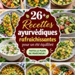 Assiette colorée de recettes ayurvédiques fraîches pour l'été, avec des légumes et des herbes.