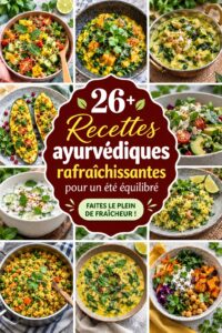 Assiette colorée de recettes ayurvédiques fraîches pour l'été, avec des légumes et des herbes.