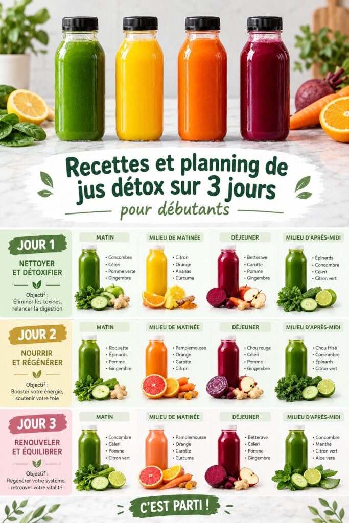 Superbes bouteilles de jus detox colorés sur une table