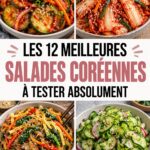 Un plat coloré de salades coréennes avec légumes frais et sauces servis sur une table