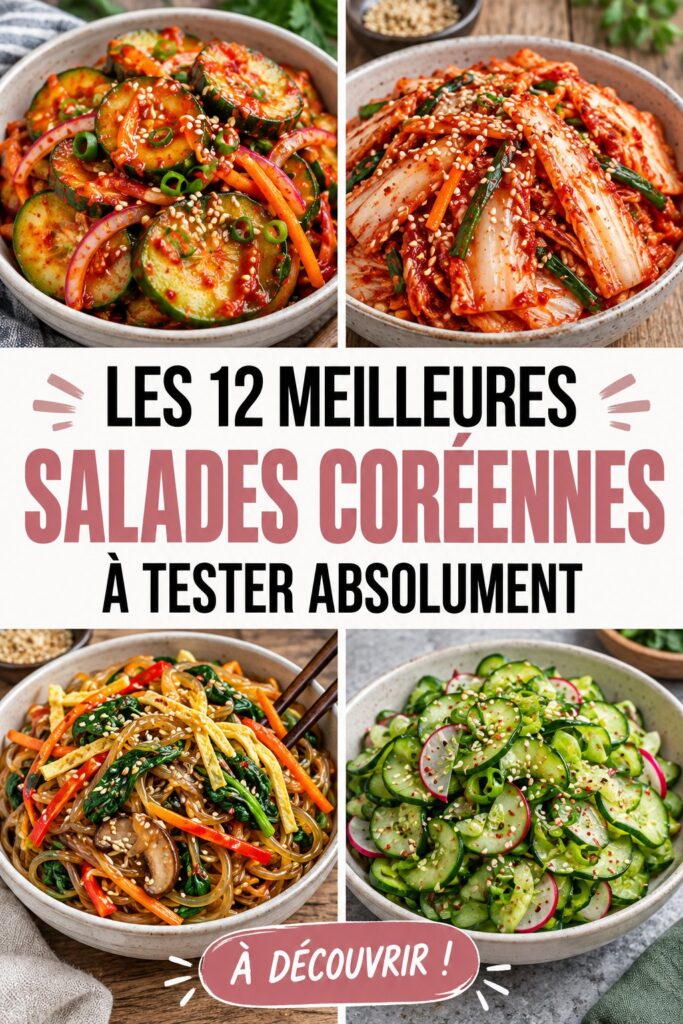 Un plat coloré de salades coréennes avec légumes frais et sauces servis sur une table