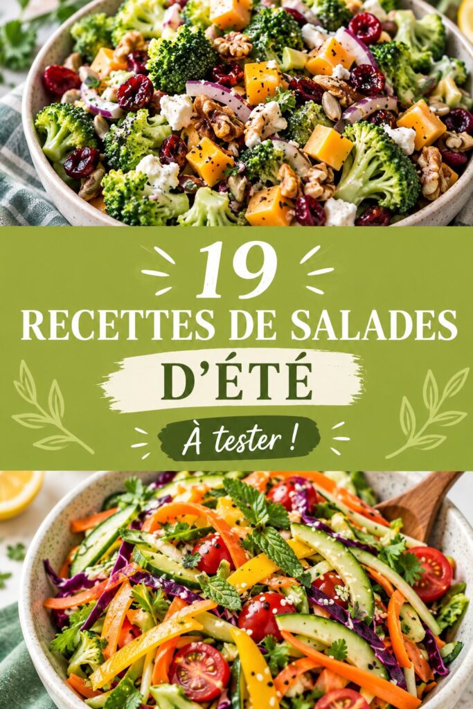Une belle présentation de différentes salades d'été colorées et saines.