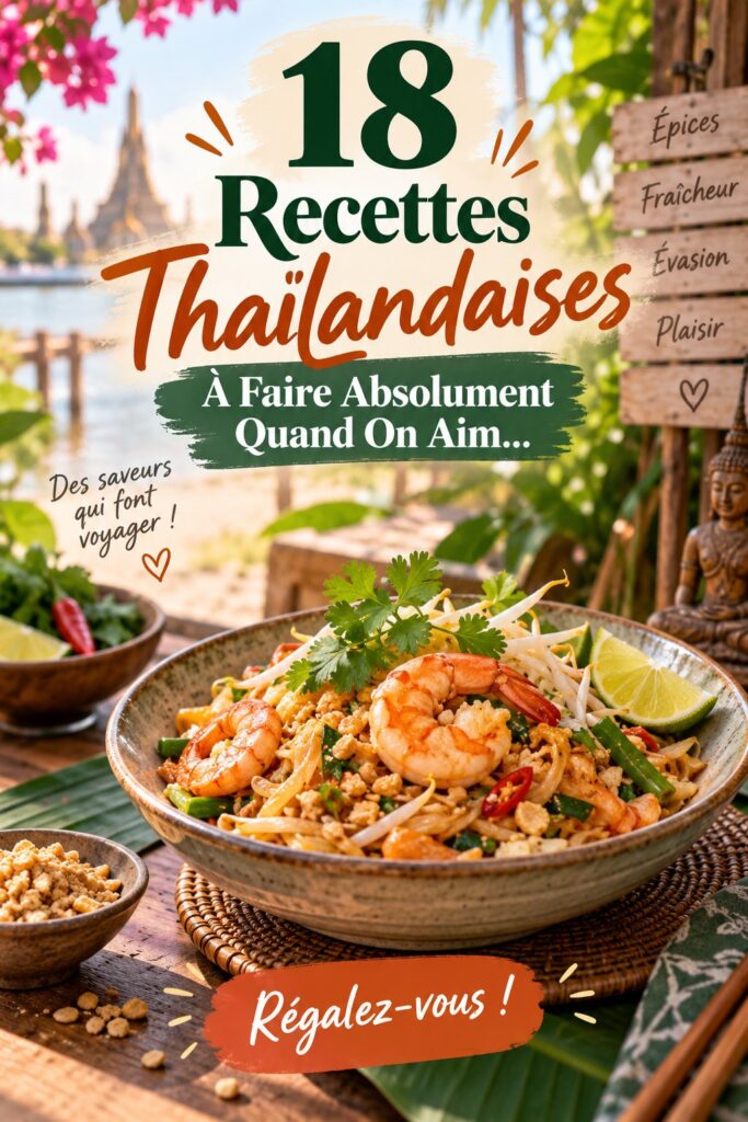 Une assiette colorée de plats thaïlandais, incluant le Pad Thaï et des rouleaux de printemps, évoquant un voyage culinaire en Thaïlande.