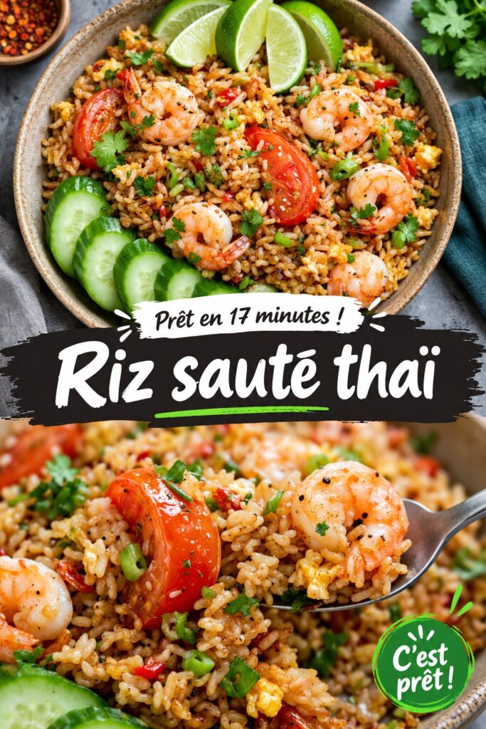 Une assiette de riz frit thaïlandais garni de légumes et de poulet, prêt à être dégusté.