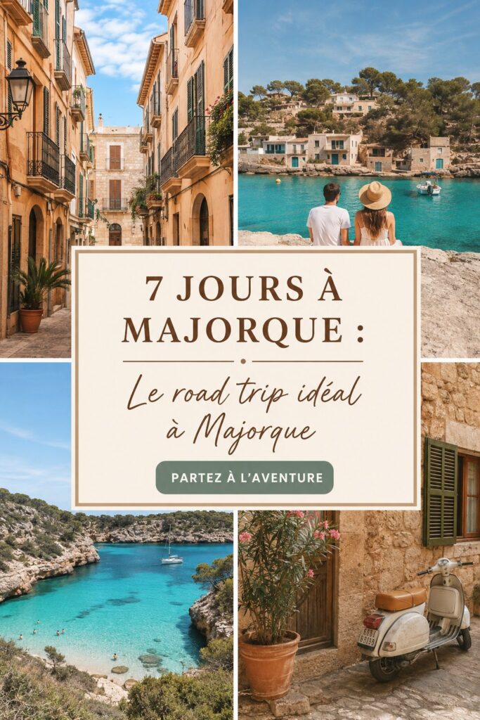 Plage turquoise de Majorque au coucher de soleil, idéale pour un road trip