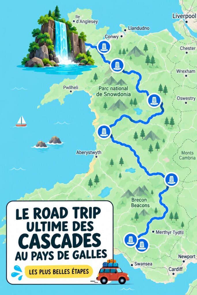 Vue d'une chute d'eau impressionnante au Pays de Galles, entourée de verdure.