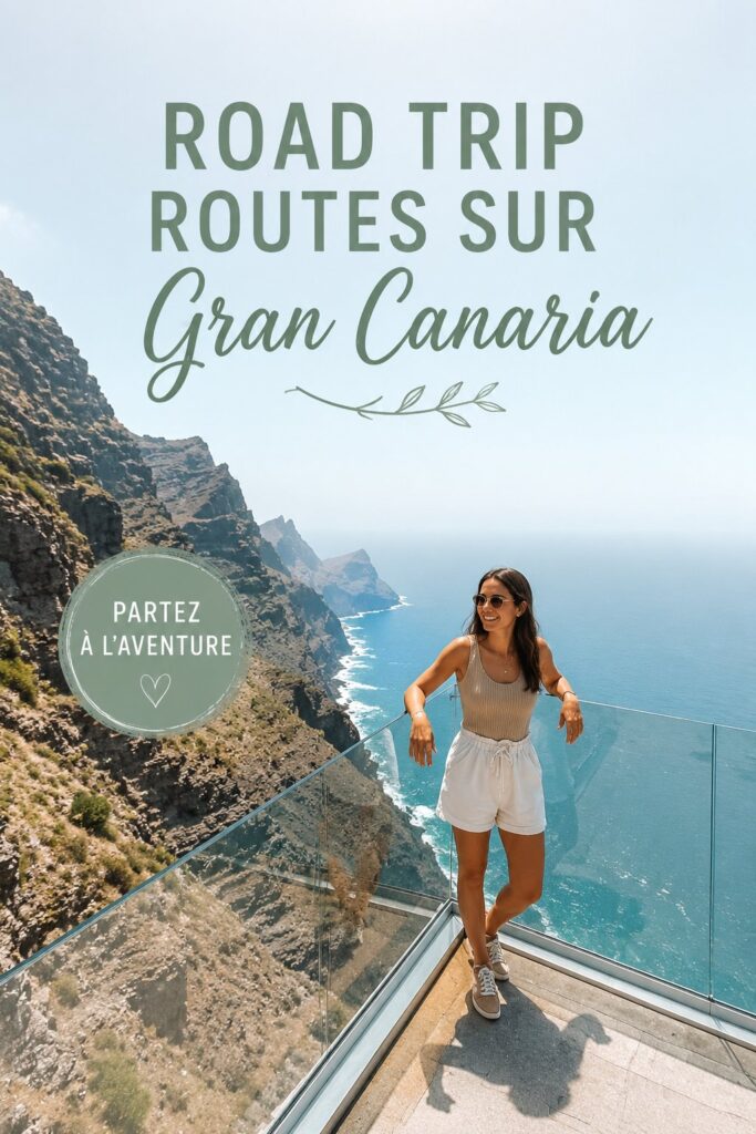 Vue panoramique d'une route sinueuse à Gran Canaria avec des montagnes et des paysages verdoyants.