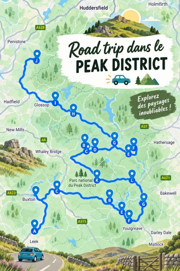 Un paysage pittoresque du Peak District avec des collines verdoyantes et des sentiers de randonnée