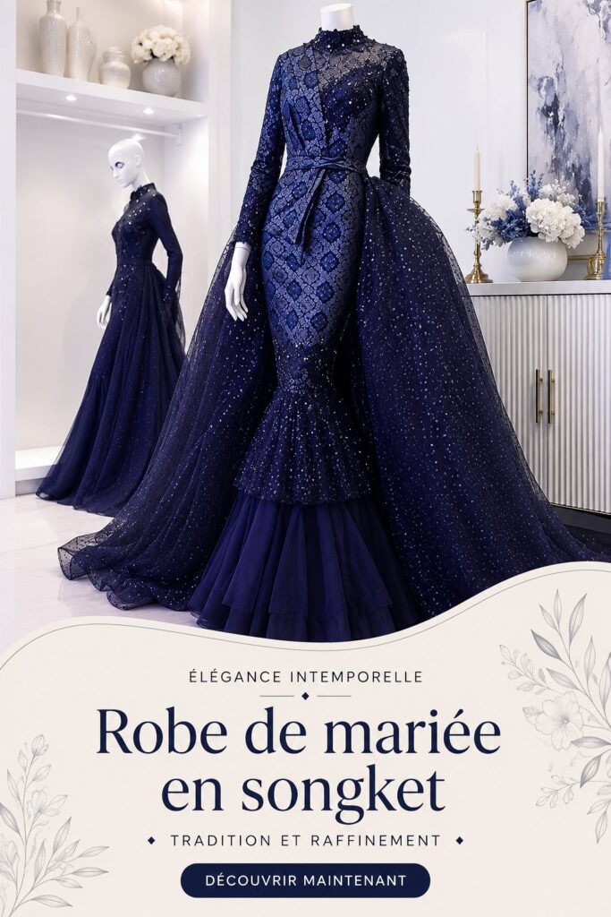 Robe kahwin traditionnelle malaisienne ornée de broderies colorées, exposée en vitrine.