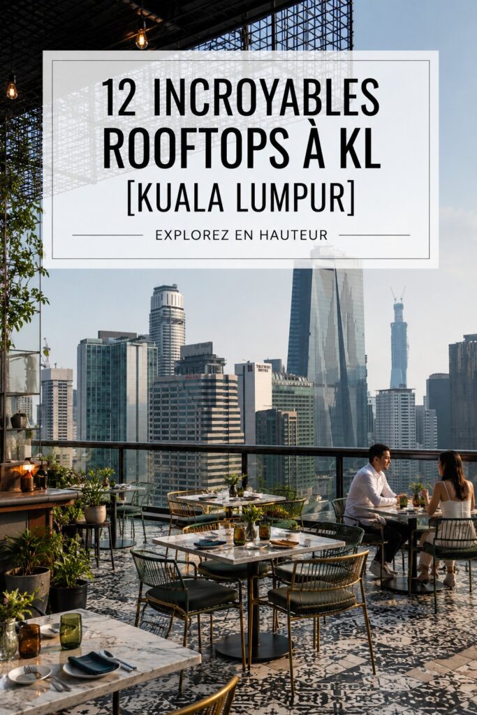 Vue panoramique d'un rooftop à Kuala Lumpur avec le skyline en arrière-plan.