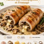 Roulades de poulet farcies aux champignons sur une assiette, présentation colorée et appétissante.