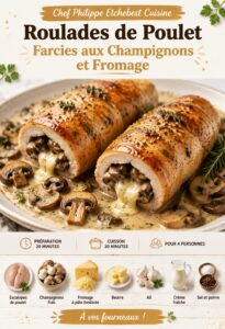 Roulades de poulet farcies aux champignons sur une assiette, présentation colorée et appétissante.