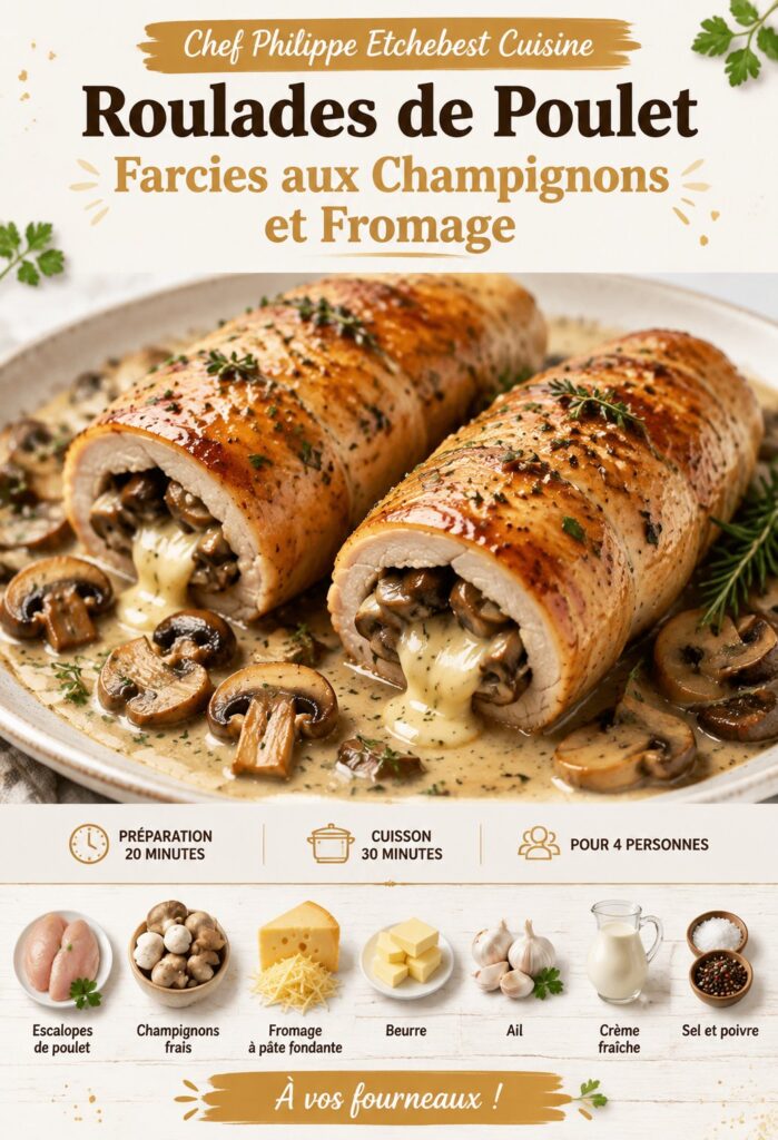Roulades de poulet farcies aux champignons sur une assiette, présentation colorée et appétissante.