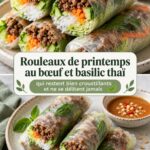 Rouleaux de printemps au boeuf et basilic thaï, servis sur une assiette en bois