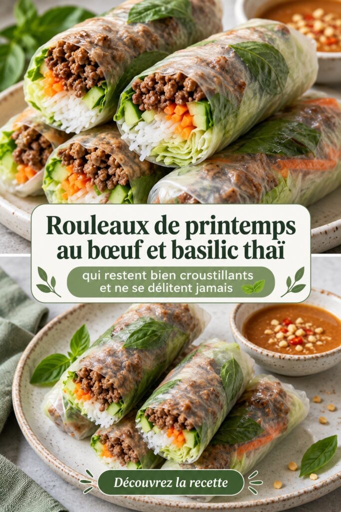 Rouleaux de printemps au boeuf et basilic thaï, servis sur une assiette en bois
