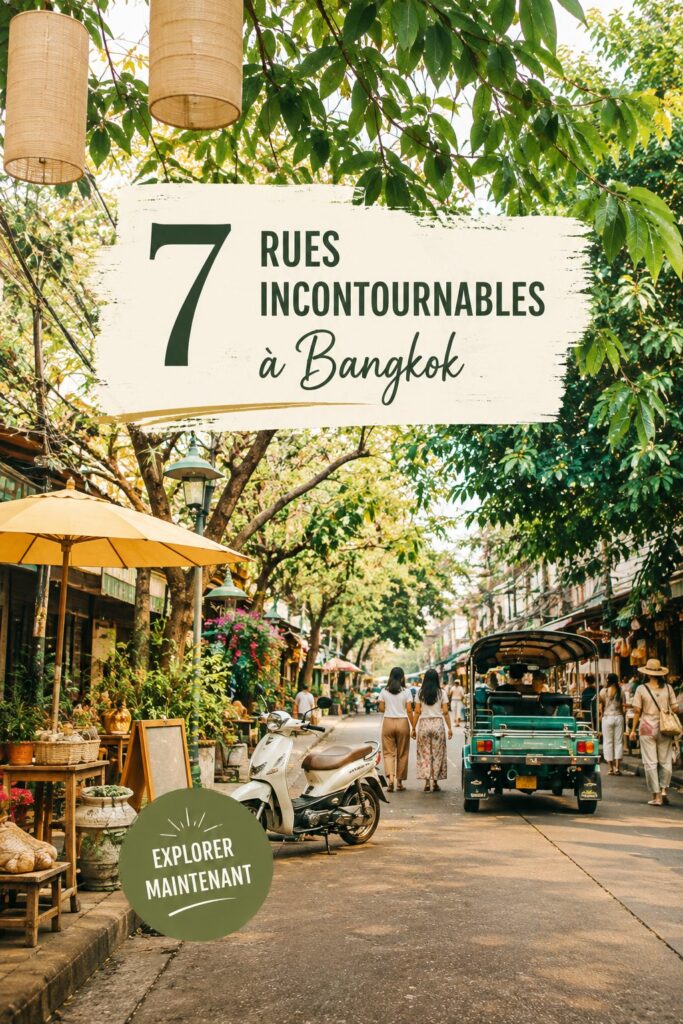 Une vue animée des rues de Bangkok avec des marchés colorés et des stands de nourriture.