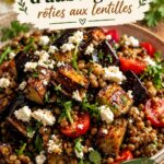 Salade d'aubergines rôties et lentilles servie dans un bol coloré