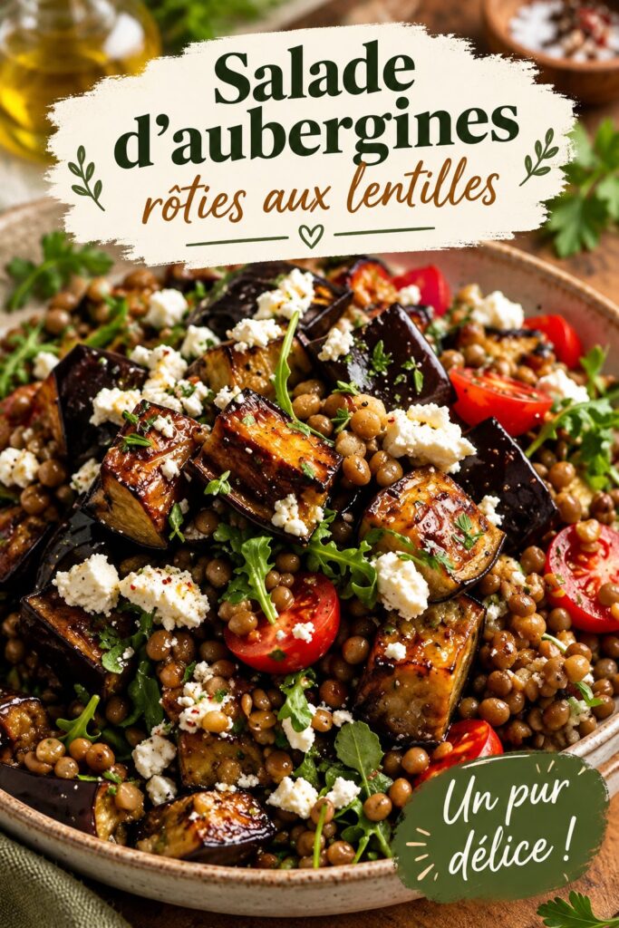 Salade d'aubergines rôties et lentilles servie dans un bol coloré
