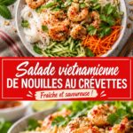Salade de nouilles vietnamienne aux crevettes colorée et appétissante, sur une table d'été.