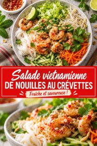 Salade de nouilles vietnamienne aux crevettes colorée et appétissante, sur une table d'été.