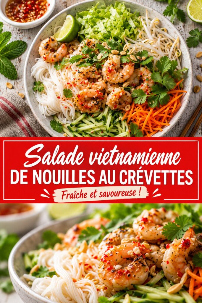 Salade de nouilles vietnamienne aux crevettes colorée et appétissante, sur une table d'été.