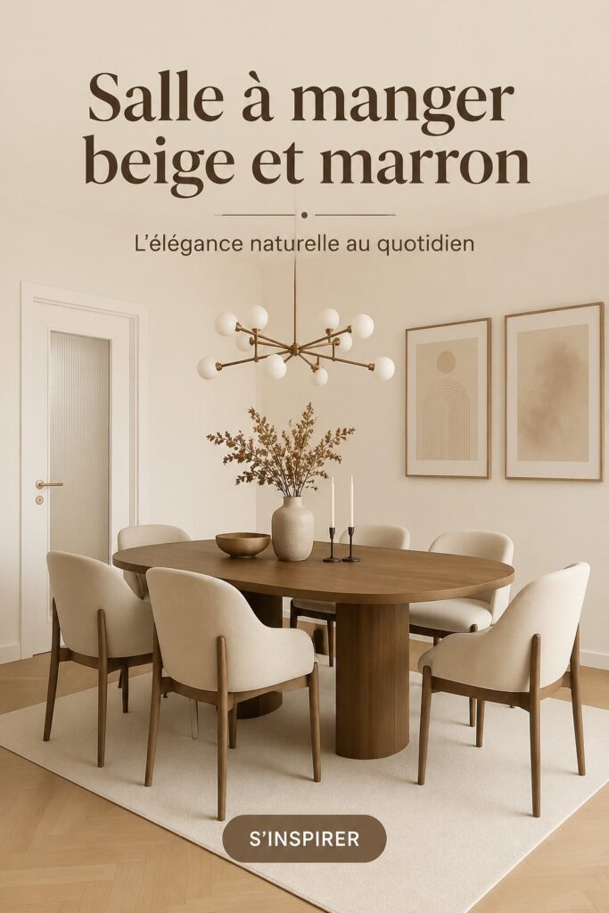 Une salle à manger moderne avec des murs beige et du mobilier brun, offrant une ambiance chaleureuse.