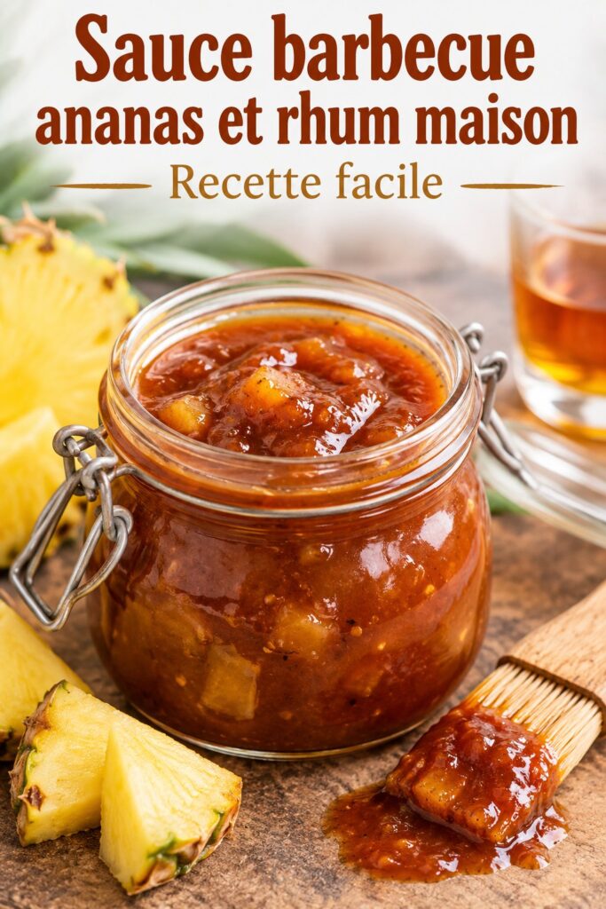 Sauce barbecue à l'ananas et au rhum dans un bol, avec des ingrédients frais autour.