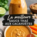 Bocal de sauce aux cacahuètes thaïlandaise sur une table.