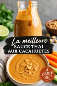 Bocal de sauce aux cacahuètes thaïlandaise sur une table.