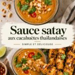 Sauce satay thaïe à la cacahuète, dans un pot en verre avec des légumes à côté.