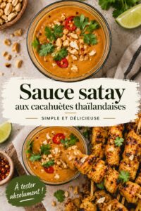 Sauce satay thaïe à la cacahuète, dans un pot en verre avec des légumes à côté.