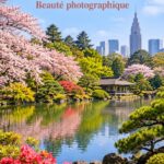 Vue du jardin national Shinjuku Gyoen à Tokyo avec ses jardins majestueux et ses arbres en fleurs.