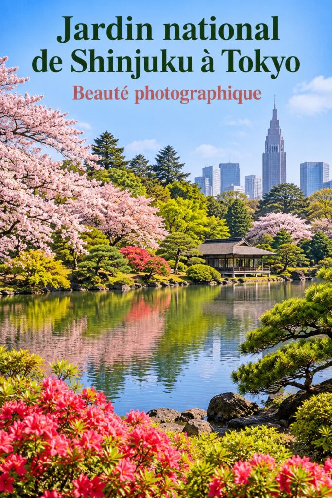 Vue du jardin national Shinjuku Gyoen à Tokyo avec ses jardins majestueux et ses arbres en fleurs.