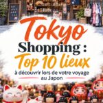 Femme en train de shopper dans un quartier animé de Tokyo, avec des boutiques colorées en arrière-plan.