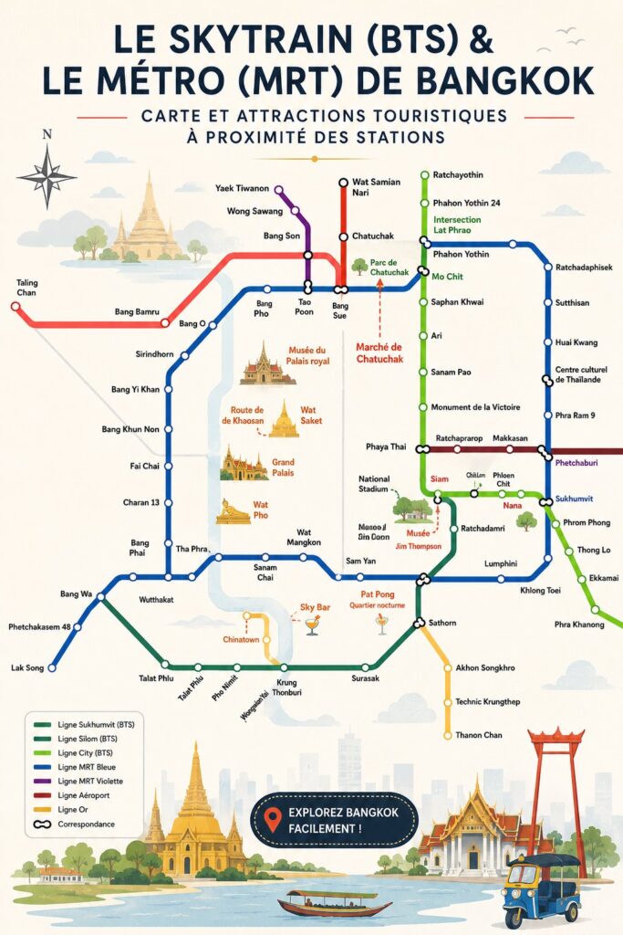 Skytrain circulant sur un pont à Bangkok avec des gratte-ciels en arrière-plan