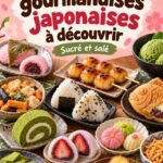 Assortiment de snacks japonais sucrés et salés sur une table, mettant en avant la gastronomie japonaise.